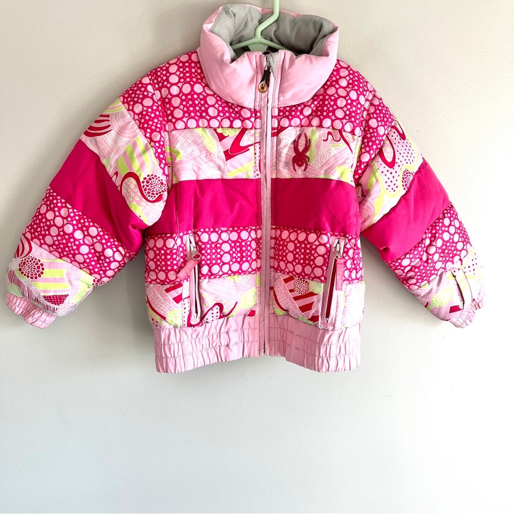 Spyder girls ski jacket 4 pink green print snow winter warm zip pockets Spylon